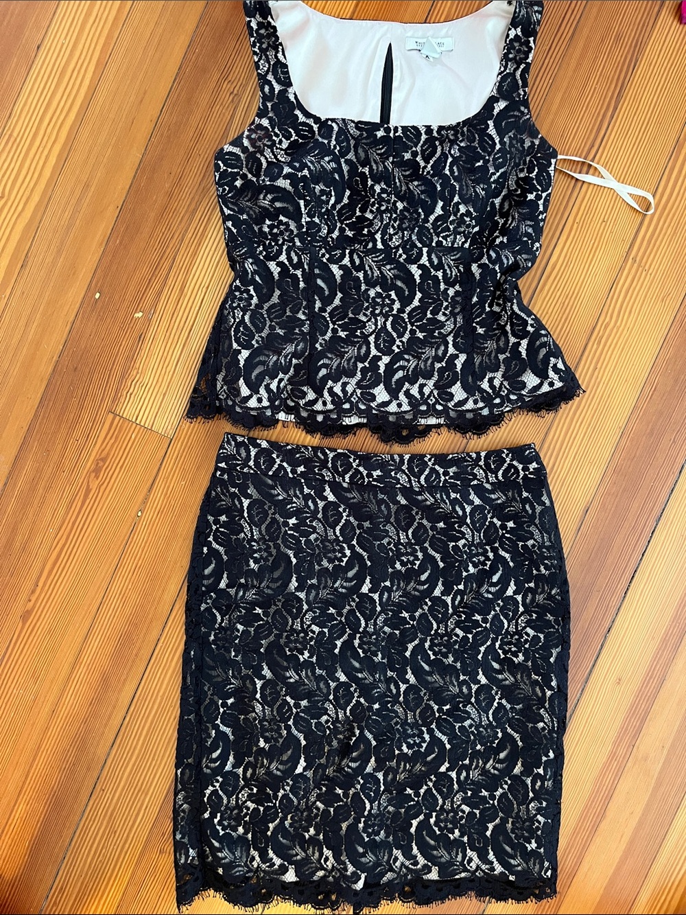 White House Black Market Black Lace Peplum Tank and Pencil Skirt Set